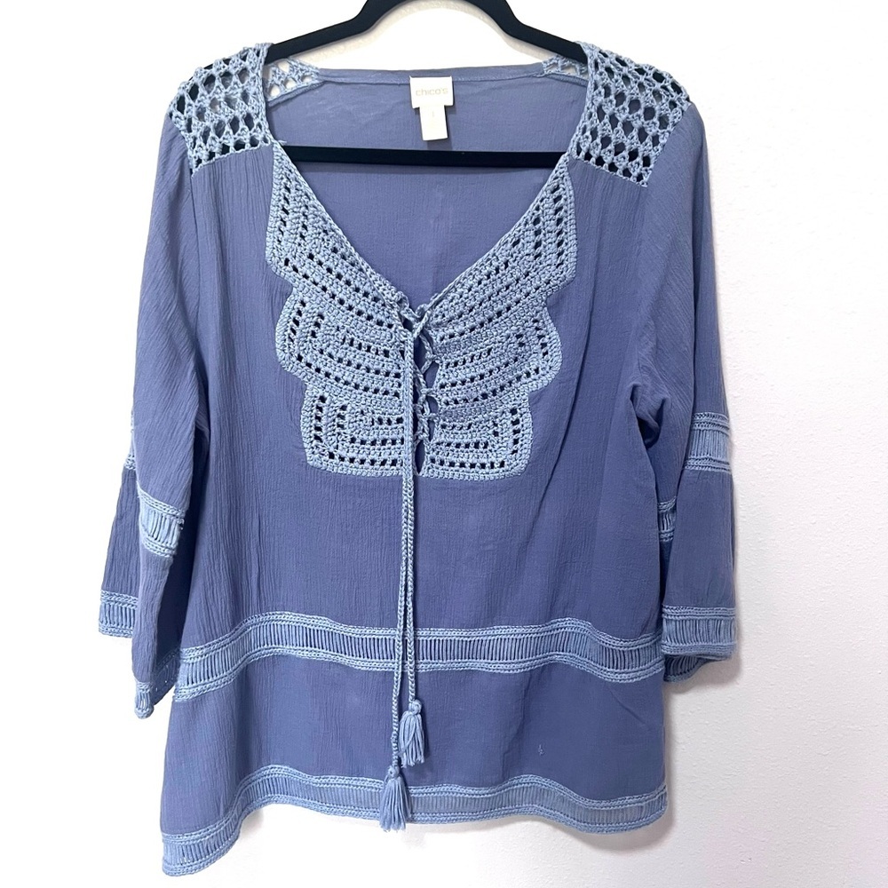Chico's 100% Cotton Relaxed crochet tassel Tie Front Blouse 8/10